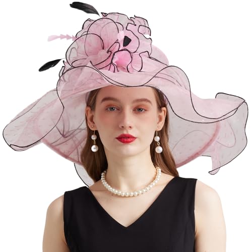 Kentucky Organza Derby Top Hats for Women Sun Visor Cap Ladies Flowers Bride Weeding Fascinators Wide Brim Fedoras - color: Pink