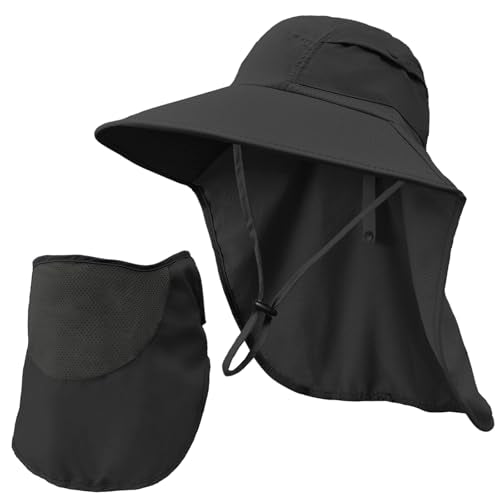 Sun Hats for Men Women Detachable Face Cover Wide Brim Fishing Hats with Neck Flap UPF 50+ Outdoor Safari Hats - color: Black