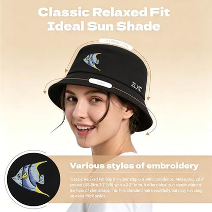 ZLYC Cotton Bucket Hat for Women Men Embroidered Packable Summer Sun Cap - color: Blue Angelfish Black
