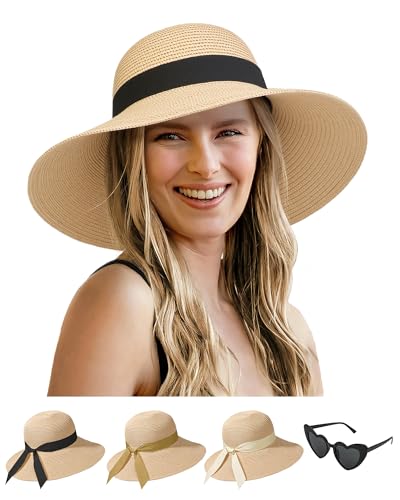 Sun Straw Hats for Women, Wide Brim Summer Beach Hat - color: Beige Khaki, size: Large