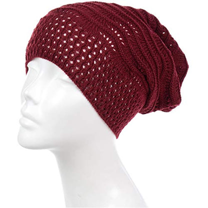 BYOS Women's Airy Cool Lightweight Cutout Long Slouchy Crochet Knit Beanie Hat - color: 2 Pack-wavy Line Burgundy & Bk