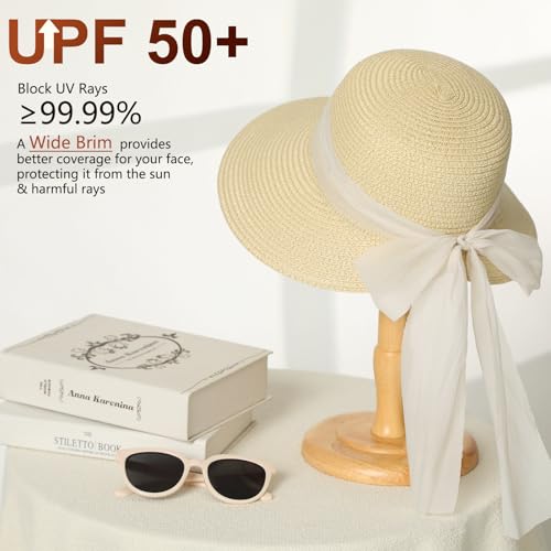 Pleneal Sun Hats for Women Straw Beach Hat Foldable Bowknot Summer Hat - color: Khaki With Beige Ribbon