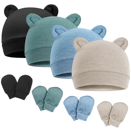 Newborn Baby Hat and Mittens Set Bear Ears Toddler Infant Beanie Caps Newborn Hospital Hat for Baby Boy Girl 0-3 Months - color: Bear Ear Q