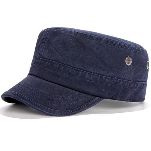 Army Cadet Cap for Men Women Washed Cotton Adjustable Flat Top Hats, Vintage Baseball Caps - color: Navy Blue
