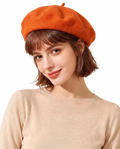 French Beret Hats for Women Men - Classic Wool Beanie Winter Cap - color: Orange