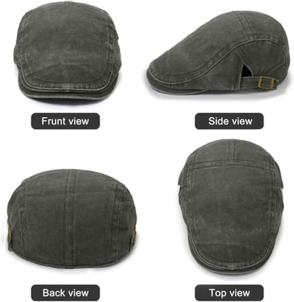 Initlove Mens Newsboy Cap Washed Beret Ivy Hat Flat Hats for Cabbie Driving - color: Black + Green