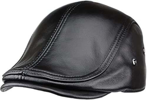 Men's Genuine Cowhide Newsboy Cap Leather Hat Adjustable Beret Caps Classic Golf Flat Ivy Cap Gatsby Driving Fishing Hat - color: Black