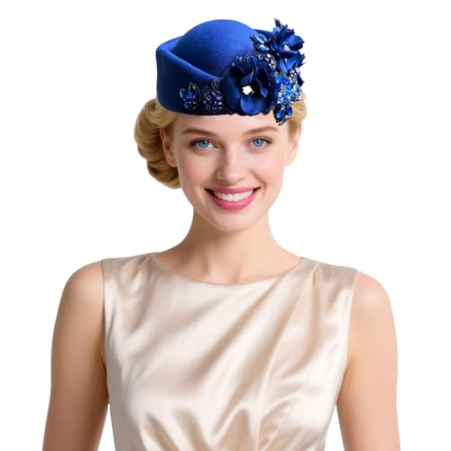 Women's Retro British Felt Headscarf Hat Church Derby Headdress with Floral Women's Soft Beret - color: Royal Blue