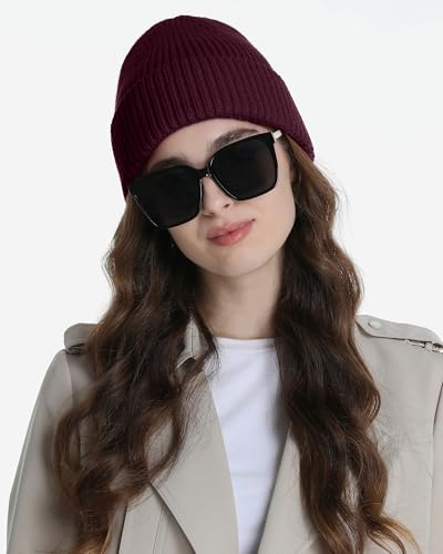 Wool Beanie for Men Women, Seamless Knit Cuffed Warm Winter Hats - color: 1pcs-wine Red