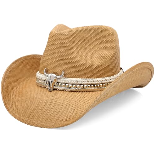 WQWOVRVO Cowboy Hat,Cowgirl Hat,Western Cowboy Hats for Women/Mens/Straw Wide with Shapeable Brim Cowboy Hat for Womens - color: Brown Color