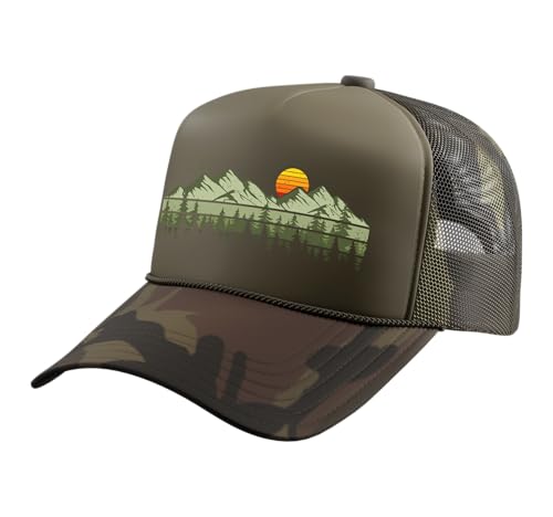 Trees Landscape Mountains Vintage Forest Trucker Hat with Adjustable Mesh Back - color: Camo Green