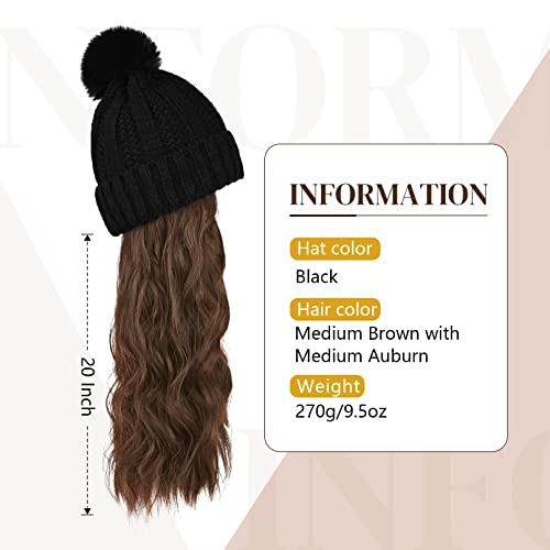 Flufymooz FLmaozi Beanie Wig Hat, Long Wavy Curly Black Hairpiece with Faux Fur Pom, 20 Inch Synthetic Hair for Women Girls Winter (Brown with Medium Auburn) - color: Black Hat-medium Brown With Medium Auburn, size: 20 Inch