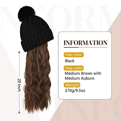 Flufymooz FLmaozi Beanie Wig Hat, Long Wavy Curly Black Hairpiece with Faux Fur Pom, 20 Inch Synthetic Hair for Women Girls Winter (Brown with Medium Auburn) - color: Black Hat-medium Brown With Medium Auburn, size: 20 Inch