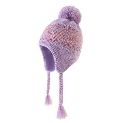 Moon Kitty Girls Knit Hats Winter Fleece Lining Skiing Winter Caps with Warm Ear Flap - color: Purple, size: 6-10 Years