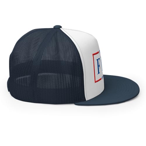 NX FDT Embroidered Flat Bill Trucker Hat High Crown Adjustable FDT Hat - color: Navy/ White/ Navy