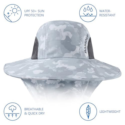 BASSDASH UPF 50+ Unisex Water Resistant Wide Brim Sun Hat with Large Neck Flap Ponytail Fishing Hat for Men Women - color: Light Grey Camo