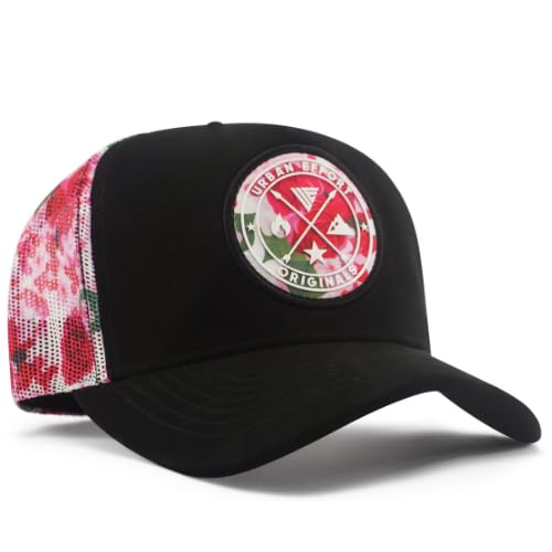 Urban Effort Trucker Hat for Men & Women, Mesh Back Baseball Cap, 5 Panel - color: Black + Flower Patch, style: Mesh Back