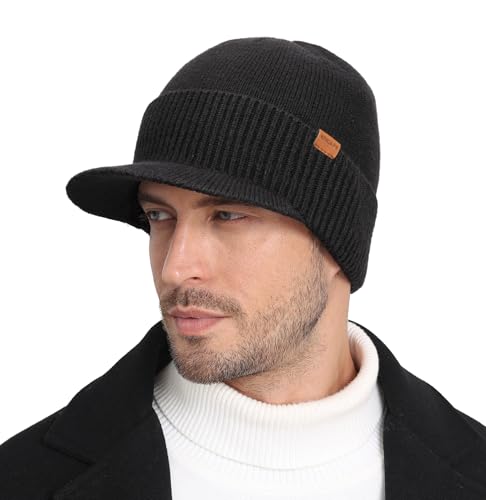 Wmcaps Men's Fleece Lined Brim Beanie, Thermal Winter Visor Hat Outdoor Cap - color: Black
