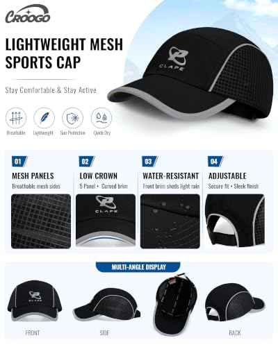 Croogo 5 Panel Running Hat Quick-Drying Lightweight Mesh Baseball Cap - color: Black