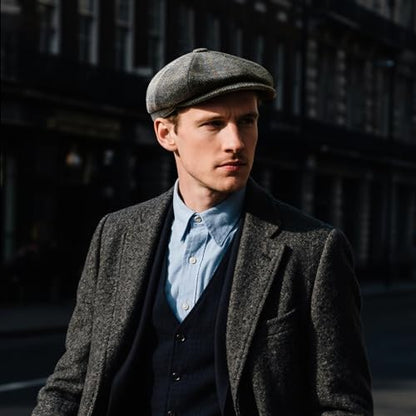 FEINION Men 8 Panel Herringbone Wool Newsboy Cap - color: Plaid Khaki, size: 7 5/8
