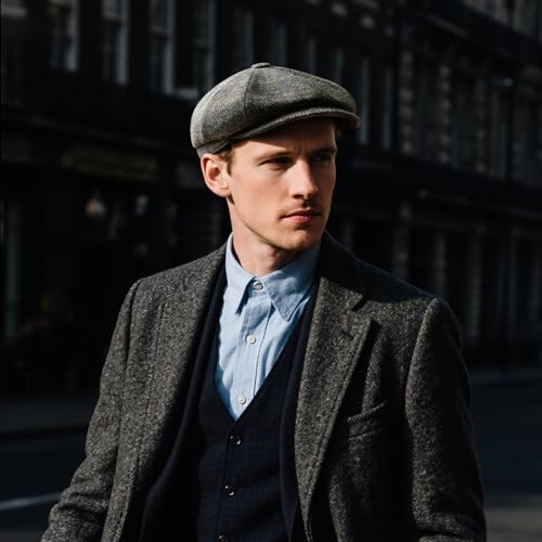 FEINION Men 8 Panel Herringbone Wool Newsboy Cap - color: Plaid Khaki, size: 7 3/8