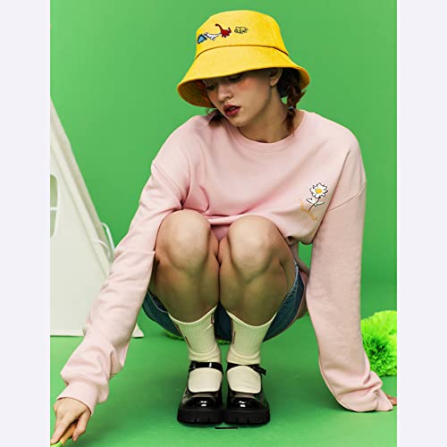 XYIYI Fashion Embroidery Bucket Hat Cotton Beach Fisherman Hats for Women Girls - color: Little Dinosaur Yellow