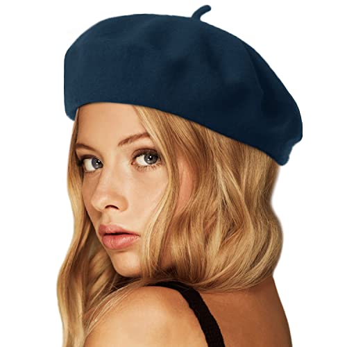 Wheebo Wool Beret Hat,Solid Color French Style Winter Warm Cap for Women Girls Lady - color: Light Navy
