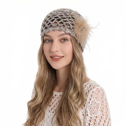 ZLYC Women Crochet Beanie Hat Summer Handmade Knit Decorated Skull Cap - color: Feather Khaki Mixed Gray