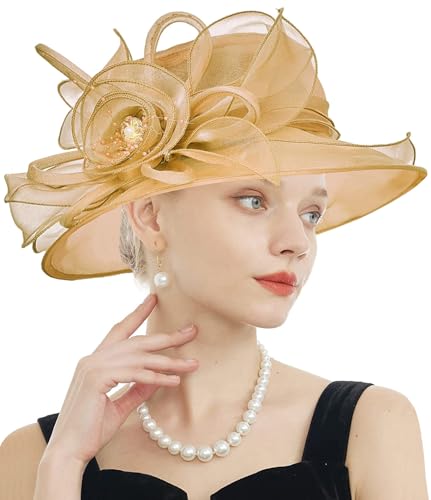 Women's Kentucky Derby Church Dress Hat Wide Brim Leaf Flower Bridal Shower Hat - color: F1-gold