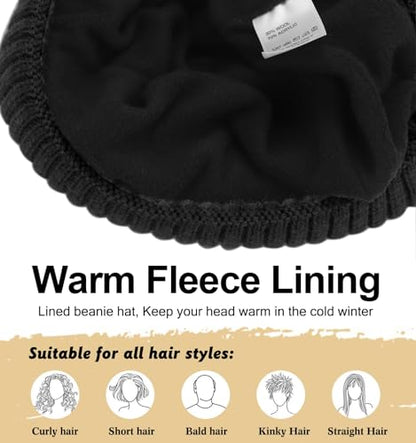 ZTL Merino Wool Beanie Hat for Men Women, Thick Warm Fleece Lined Knit Winter Hats Cuffed Beanie Stocking Hat Ski Skull Cap - color: Black