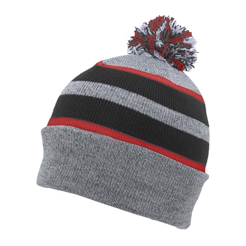 Pacific Headwear Unisex Adult Pacific Headwear Knit Fold Over Pom-pom Beanie - color: Heather/Black/Red, size: One Size