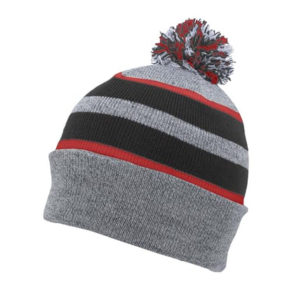 Pacific Headwear Unisex Adult Pacific Headwear Knit Fold Over Pom-pom Beanie - color: Heather/Black/Red, size: One Size