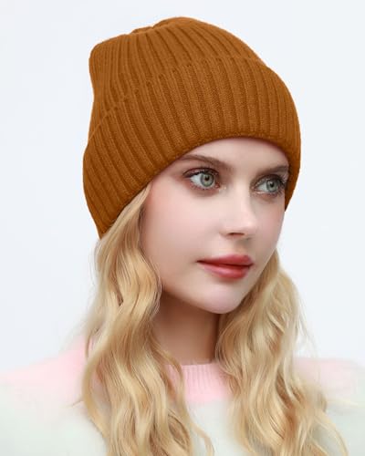 ROYBENS Womens Satin Lined Beanie for Men Wool Knit Cuffed Warm Winter Hats - color: 1pcs-camel