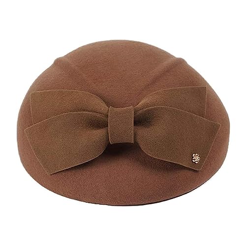 Women Vintage Bowknot Berets with Beading Autumn Winter French Artist Hat Painter Hats Female Bowler Hat Warm Cap - color: Camel
