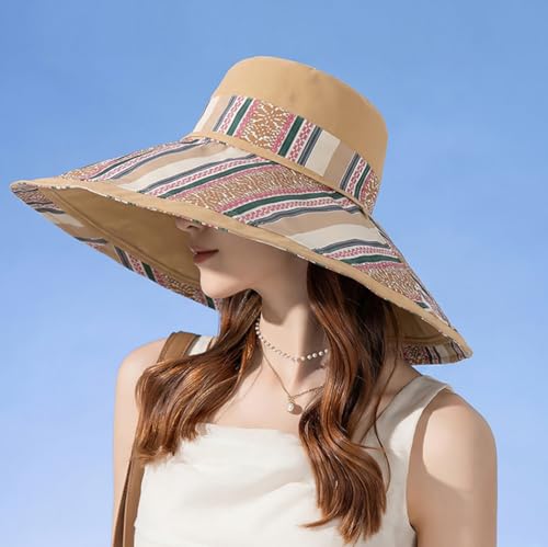 Reversible Wide Brim Sun Hat, Double-Sided Bucket Hat with Chin Strap, Packable UV Protection Beach Hat, Yellow - color: Khaki