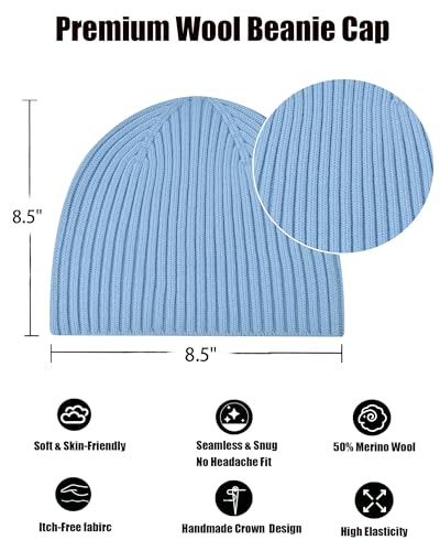 Wool Knit Beanie Hats for Men Women,Cuffless Winter Skull Caps - color: 1-light Blue