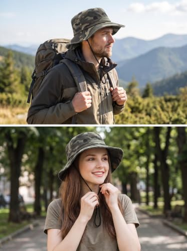 Camo Bucket Hat for Men Women, UPF 50+ Wide Brim Sun Protection - color: Dark Camouflage