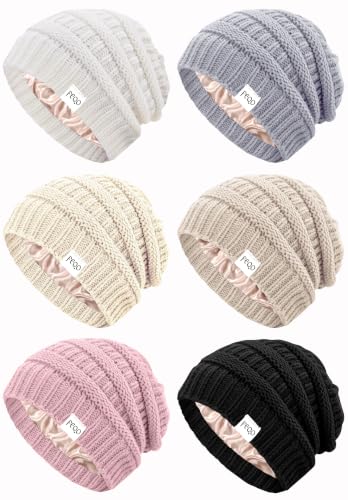 FEQO 6 Pack Satin Lined Beanies Slouchy Beanie Oversized Cable Knit Caps - color: Black, Light Grey, Beige, Oatmeal, White, Pink