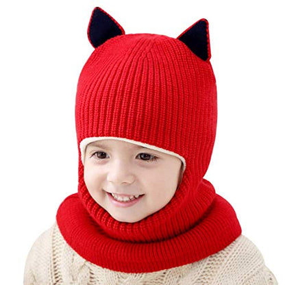 Toddler Winter Hat Baby Balaclava 2 in 1,Fleece Lined Knitted Beanie with Face Mask, Ear Flaps & Pom Pom for Boys Girls - color: Cat-red