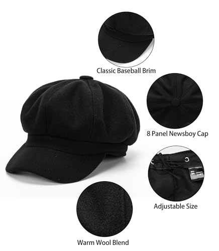 Women Wool-Blend Newsboy-Cap Gatsby Ivy Painter Hat Pageboy Caps - color: Black