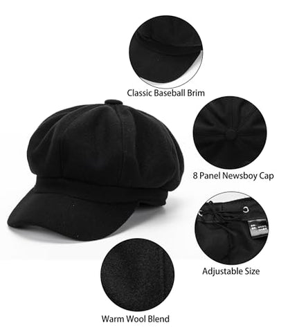 Women Wool-Blend Newsboy-Cap Gatsby Ivy Painter Hat Pageboy Caps - color: Black