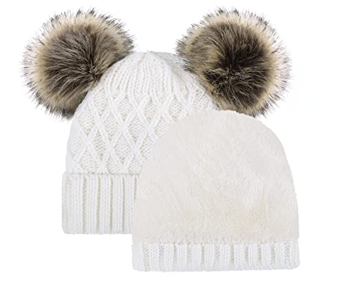 Arctic Paw Womens Winter Hat Cable Knit Beanie for Women Faux Fur Pompom Ears - color: White_grid