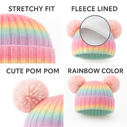 Toddler Winter Knit Hat Upgrade Fleece Lined Pompom Ears Beanies Cap for Boys Girls 3-12 Years - color: Rainbow Color