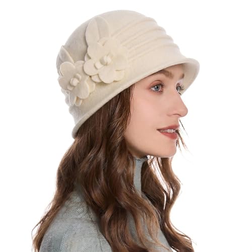 ZLYC Women Wool Cloche Bucket Hat 1920s Vintage Winter Hat with Flower - color: Daisy Cream-white