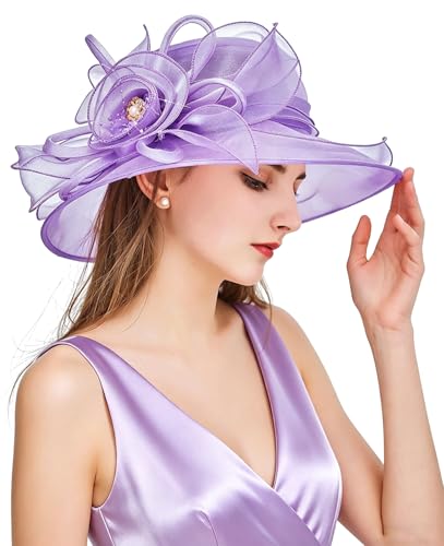 Women Derby Fascinator Hat Organza Church Wedding Hats Wide Brim Cocktail Tea Party Hat - color: 08 Purple