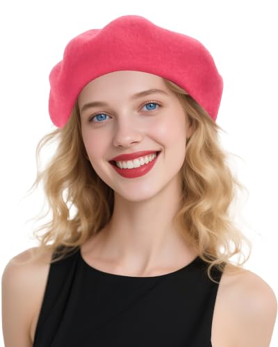 French Beret Hats for Women - Wool Solid Color Beanie Cap - color: Hot Pink