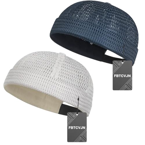 2 Pack Men's Breathable Brimless Hat Summer Style Mesh Tang Ultra Cooling Skull Adjustable Hip-Hop Cap Docker Beanie - color: White+blue