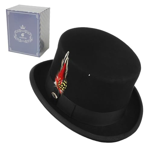 GEMVIE Men 100% Wool Top Hat Mad Hatter Satin Lined Black Low Top Hats for Party - color: Black-5.5" High, size: 7 5/8