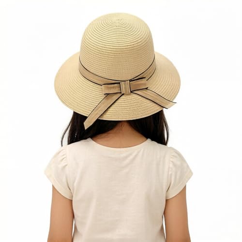 Summer Little Girl Kids Breathable Straw Hat Foldable UV Protection Bowknot Wide Brim Floppy Beach Sun Visor Hats - color: Beige