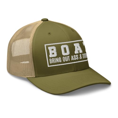 NG Boat Bring Out Ass and Titties Curved Bill Trucker Hat Mid Crown Adjustable Funny Adult Humor Cap - color: Moss/ Khaki